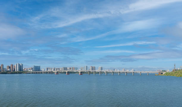 Sunny weather city river bridge scenery