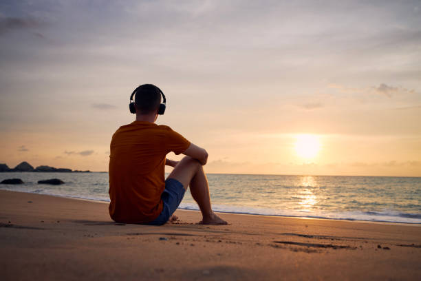 Rear view of man with headphones on beach"n stock photo