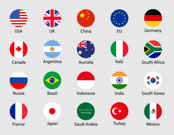 флаги стран g20. круглые иконки g20. китай, корея, бразилия, мексика, сша, япония, индонезия, канада, франция, аргентина, саудовская аравия, индия, - group of 20 stock illustrations