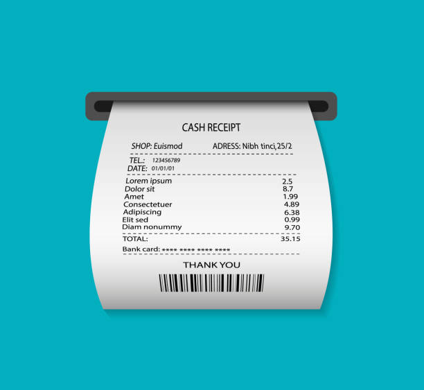 ilustrações de stock, clip art, desenhos animados e ícones de paper receipt from atm. print invoice in supermarket. print cash bill or ticket. atm reciept after payment. invoice with list of purchases. isolated illustration on blue background. vector - bar code illustrations