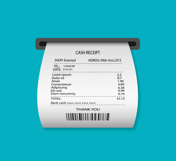 Paper receipt from atm. Print invoice in supermarket. Print cash bill or ticket. Atm reciept after payment. Invoice with list of purchases. Isolated illustration on blue background. Vector Paper receipt from atm. Print invoice in supermarket. Print cash bill or ticket. Atm reciept after payment. Invoice with list of purchases. Isolated illustration on blue background. Vector. receipt stock illustrations