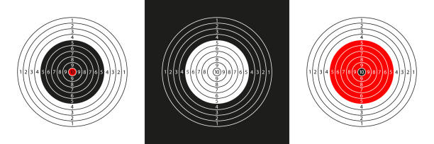 대상 촬영. 총 사격 장. 숫자, 불스아이, 조준으로 타겟팅합니다. 스포츠 촬영배경. 소총, 권총, 저격수 및 군대 연습을위한 고립 된 아이콘. 벡터 - gun rounds stock illustrations