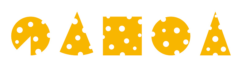 Cheese slice. Cheese icon. Swiss chees with holes. Yellow cheddar texture. Chedder icon isolated on white background. Different shapes of parmesan. Vector illustration.