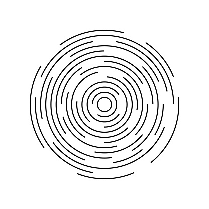 Concentric line circle. Round line pattern. Ripple circular shape. Circle of broken and shockwave. Vortex geometric sonar. Design graphic circle isolated on white background. Vector