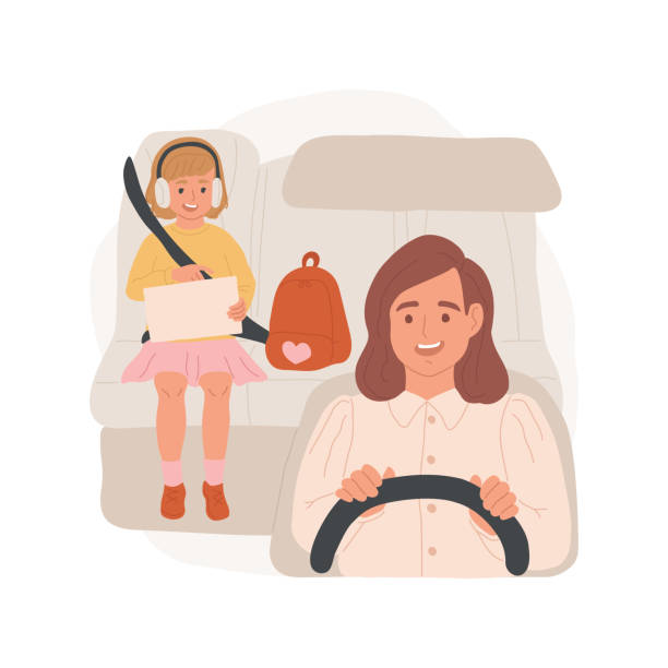 поход в школу на машине изолированный мультфильм векторная иллюстрация - vehicle seat illustrations stock illustrations