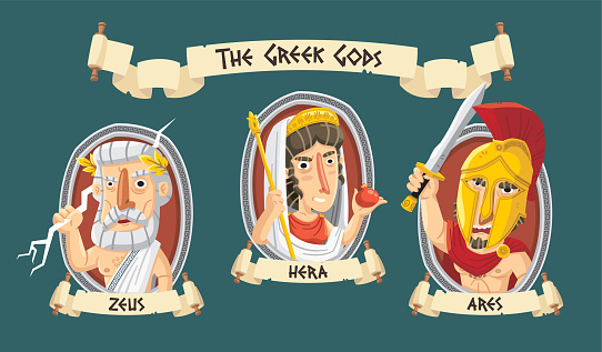 Ancient Greek gods set: the mighty Zeus holding lightning, Hera with his scepter and a pomegranate and Ares ready for war.