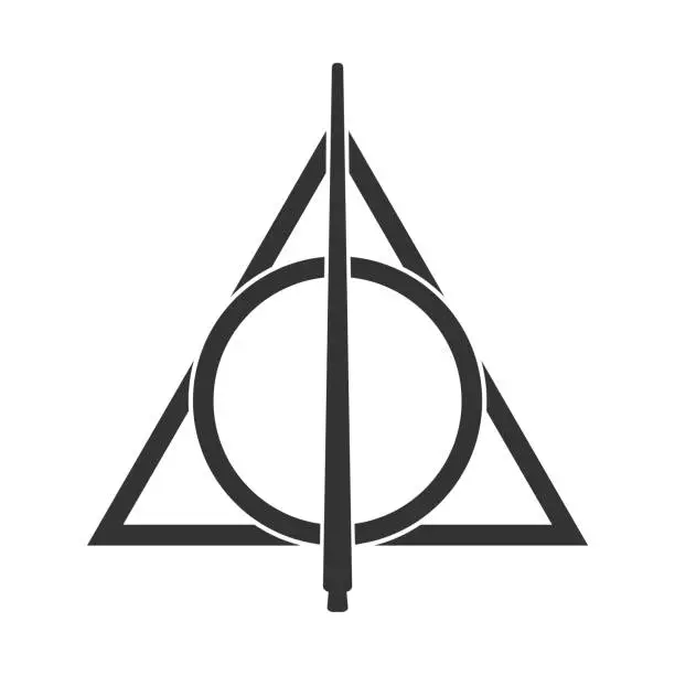 Vector illustration of The Deathly Hallows, a symbol from the Harry Potter book. A magic wand, a resurrection stone, and a cloak of invisibility. Vector