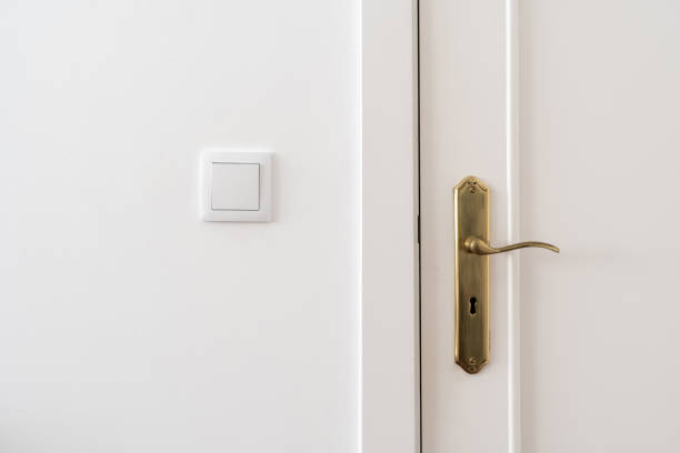 istock Light switch near white closed interior door 1388404592