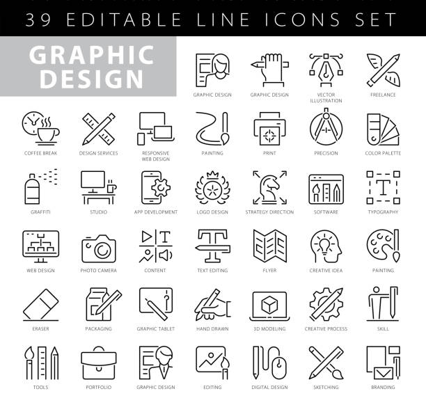 graphic design and creativity line icons. editable stroke. pixel perfect. for mobile and web. contains such icons as creativity, layout, mobile app design, art tools, drawing tablet, typography, colour palette, pencil, ruler, vector, shape, logo design - tasarımcı stock illustrations