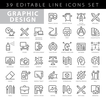 Graphic Design and Creativity Line Icons. Editable Stroke. Pixel Perfect. For Mobile and Web. Contains such icons as Creativity, Layout, Mobile App Design, Art Tools, Drawing Tablet, Typography, Colour Palette, Pencil, Ruler, Vector, Shape, Logo Design