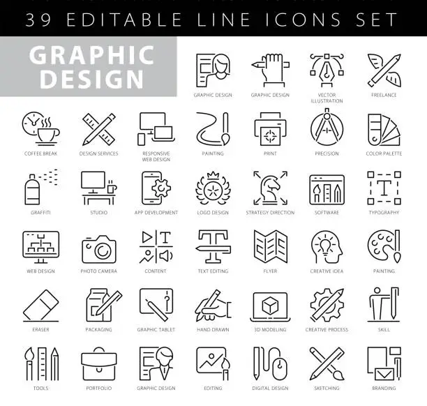 Vector illustration of Graphic Design and Creativity Line Icons. Editable Stroke. Pixel Perfect. For Mobile and Web. Contains such icons as Creativity, Layout, Mobile App Design, Art Tools, Drawing Tablet, Typography, Colour Palette, Pencil, Ruler, Vector, Shape, Logo Design