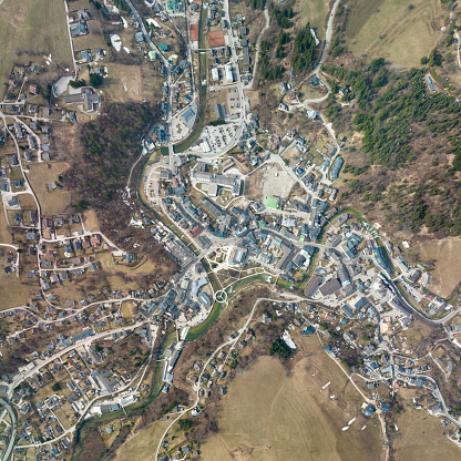 Aerial of the mountain village Bad Aussee, Salzkammergut, Ausseerland, Austria