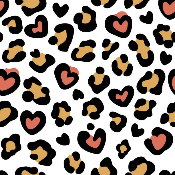 Vector illustration of Leopard print with hearts. Seamless leopard pattern. Leopard spots. Abstract animal print. Vector