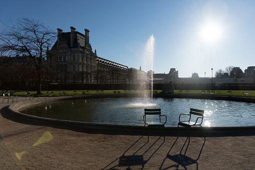 2022 Pathway in Jardin des Tuileries with tree lined. Paris, France.