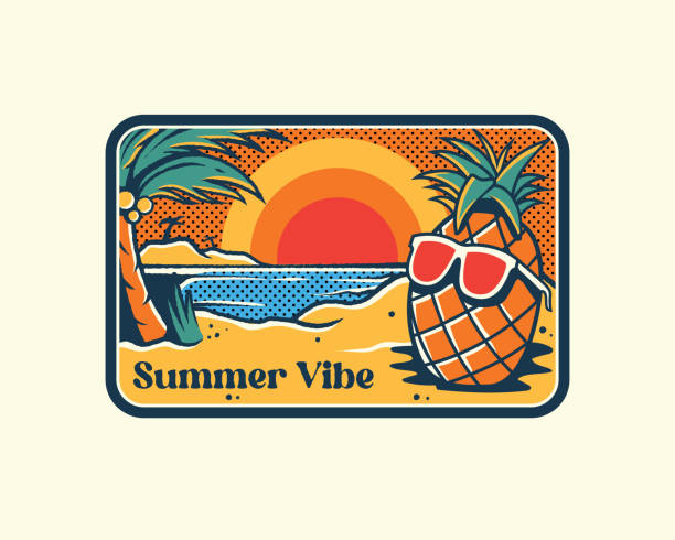 vintage emblems summer illustrations of pinneaple cartoon enjoy on vacation vintage emblems summer illustrations of pinneaple cartoon enjoy on vacation. Perfect for hat patch, t-shirt, embroidery, and others. California summer holiday style with waves surfing palms trendy phrases old travel cars pineapple beach stock illustrations
