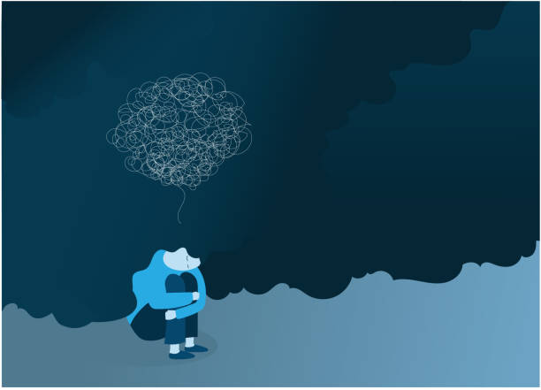 istock illustration of a prostrate woman who has psychological problems, who is in depression. She is alone with her anxieties and her stress. A knotted thread comes out of his brain 1388409414