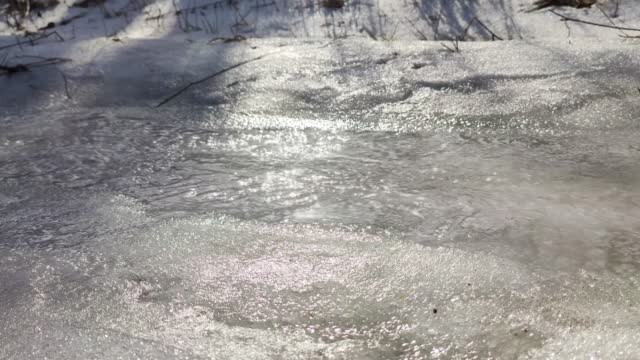 Clear spring water stream on white melting snow