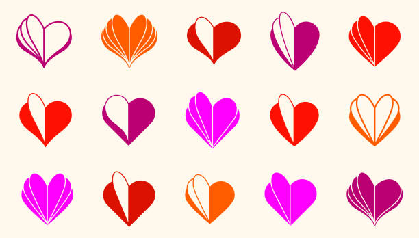 Hearts open like a book or brochure with spread pages vector logos or icons set, love letter or literature novel about romantic story concept, diary. Hearts open like a book or brochure with spread pages vector logos or icons set, love letter or literature novel about romantic story concept, diary. book heart shape valentines day copy space stock illustrations