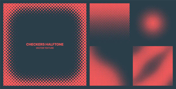 Assorted Various Contrast Red Checker Halftone Texture Vector Pattern Collection Assorted Various Red Checkered Halftone Textures Vector Different Geometric Patterns Set Isolated On Dark Blue Background. Contrast Graphic Modernism Pattern Variety Texture Design Elements Collection half tone stock illustrations