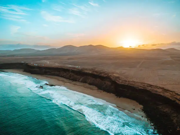 Drone-shot (aerial view) beach Playa del Águila Fuerteventura