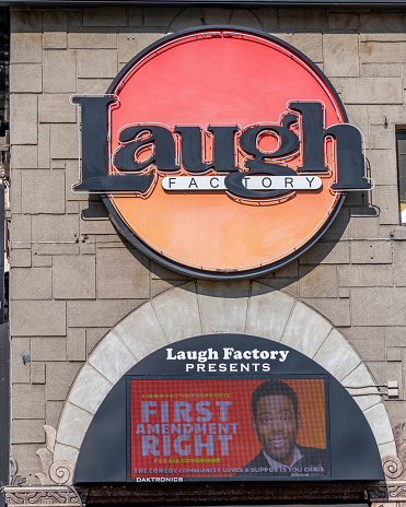 Los Angeles, CA, USA - March 29, 2022: Exterior of the Laugh Factory comedy club with its sign showing support for comedian Chris Rock, after the Academy Awards incident in Los Angeles, CA.