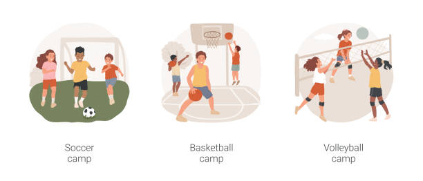 After school sport program isolated cartoon vector illustration set. After school sport program isolated cartoon vector illustration set. Soccer and basketball summer camp, volleyball PA day program children fitness, football sport club tournament vector cartoon. evolution volleyball stock illustrations