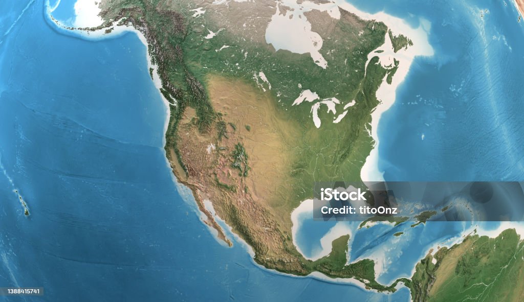 High resolution detailed map of North America, USA, Canada and Mexico Physical map of North America, USA, Canada and Mexico, with high resolution details. Satellite view of Planet Earth. 3D illustration (Blender software), elements of this image furnished by NASA (https://eoimages.gsfc.nasa.gov/images/imagerecords/147000/147190/eo_base_2020_clean_3600x1800.png) Map Stock Photo