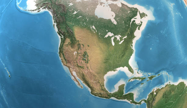 High resolution detailed map of North America, USA, Canada and Mexico Physical map of North America, USA, Canada and Mexico, with high resolution details. Satellite view of Planet Earth. 3D illustration (Blender software), elements of this image furnished by NASA (https://eoimages.gsfc.nasa.gov/images/imagerecords/147000/147190/eo_base_2020_clean_3600x1800.png) north america stock pictures, royalty-free photos & images