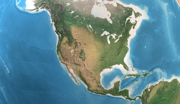 High resolution detailed map of North America, USA, Canada and Mexico Physical map of North America, USA, Canada and Mexico, with high resolution details. Satellite view of Planet Earth. 3D illustration (Blender software), elements of this image furnished by NASA (https://eoimages.gsfc.nasa.gov/images/imagerecords/147000/147190/eo_base_2020_clean_3600x1800.png) Central America stock pictures, royalty-free photos & images