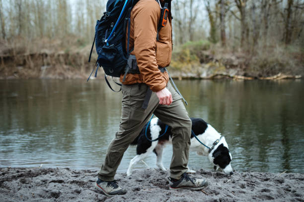 istock Man Hiking By River With Dog 1388416032