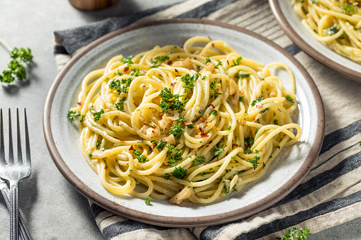 Homemade Italian Spaghetti Algio e Olio with Garlic and Parmesan