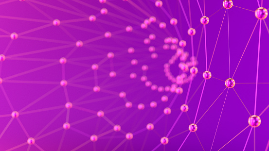 3D rendering of neon colored abstract structure global digital mesh network, molecule, blockchain, microbiology Concept.