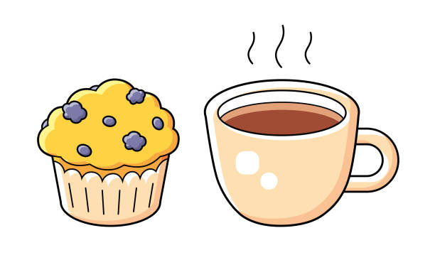 кофейная чашка и кекс - muffin cake cupcake blueberry muffin stock illustrations