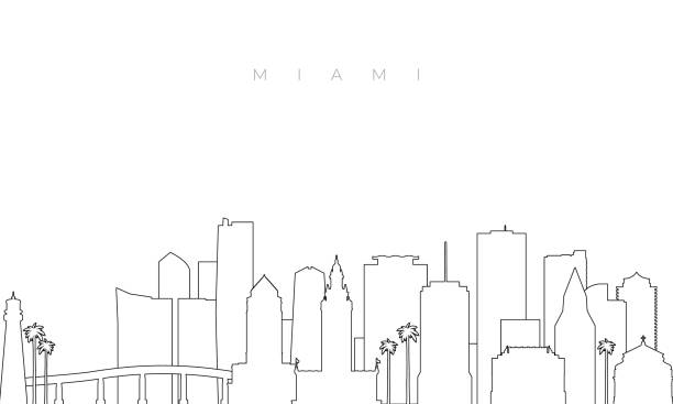 illustrazioni stock, clip art, cartoni animati e icone di tendenza di delinea lo skyline di miami. modello alla moda con edifici della città di miami e punti di riferimento in stile linea. stock vector design. - miami