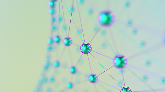 3D rendering of neon colored abstract structure global digital mesh network, molecule, blockchain, microbiology Concept.