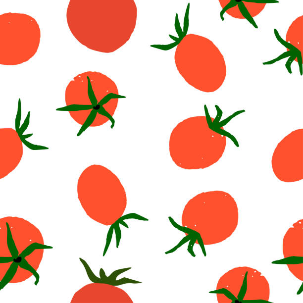 Seamless pattern with hand drawn tomatos Seamless pattern with hand drawn flat style tomatoes. Texture with vegetables, culinary motifs for kitchen, cooking blog, farmers market, grocery store, online shop. italian cuisine stock illustrations
