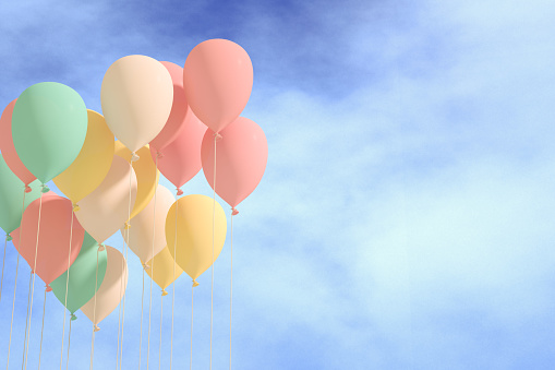 Balloons flying to sky, 3d render.
