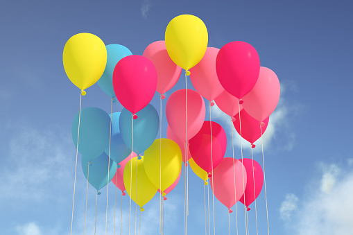 Balloons flying to sky, 3d render.