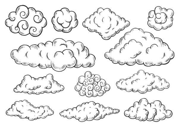 ilustraciones, imágenes clip art, dibujos animados e iconos de stock de conjunto de nubes - cotton cloud cloudscape cumulus cloud