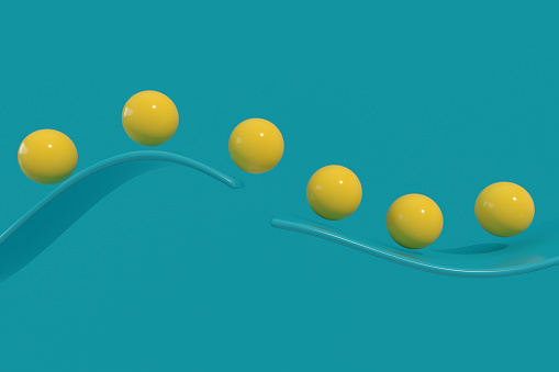 3d rendering of spheres bouncing on wavy road. Minimal idea, business concept.