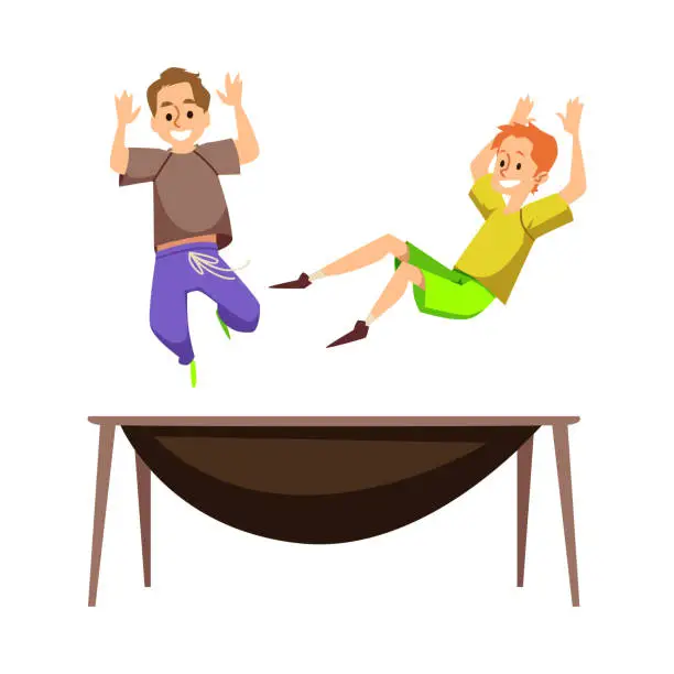 Vector illustration of Two boys happily jumping on trampoline, flat vector illustration isolated on white background.