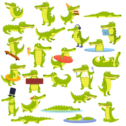 Crocodile icons set. Cartoon set of crocodile vector icons for web design