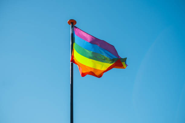 istock Rainbow flag waving against blue sky 1388424485