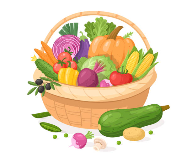 果物、漫画バスケットの野菜、農場市場の健康食品 - vegetable basket点のイラスト素材／クリップアート素材／マンガ素材／アイコン素材