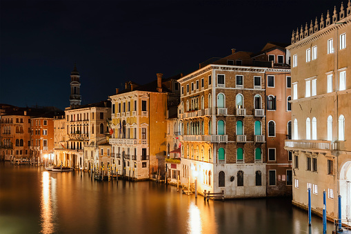 Grand Canal during night in Venice, Italy. (long exposure photo)