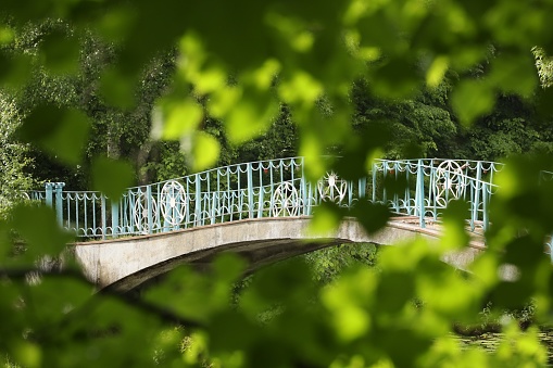 Decorative stone bridge with metal blue and white fence in the green park among green tree branches