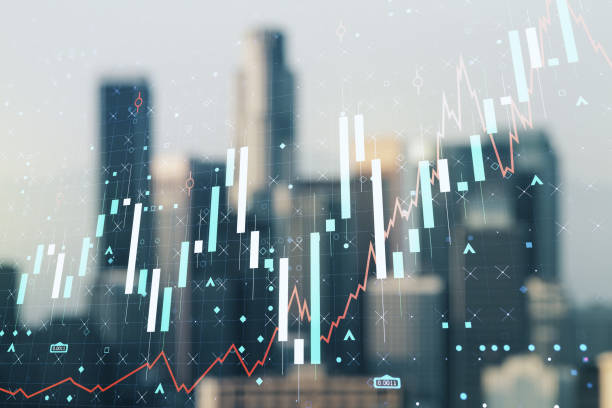istock Multi exposure of abstract virtual financial graph hologram on blurry skyline background, forex and investment concept 1388431572