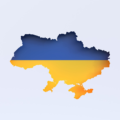 Ukraine map with colors of Ukrainian flag isolated on white background with copy space. Support Ukraine. Paper cut. 3D rendering 3D illustration