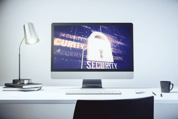 istock Creative idea concept with lock symbol and microcircuit illustration on modern laptop screen. Protection and firewall concept. 3D Rendering 1388431708