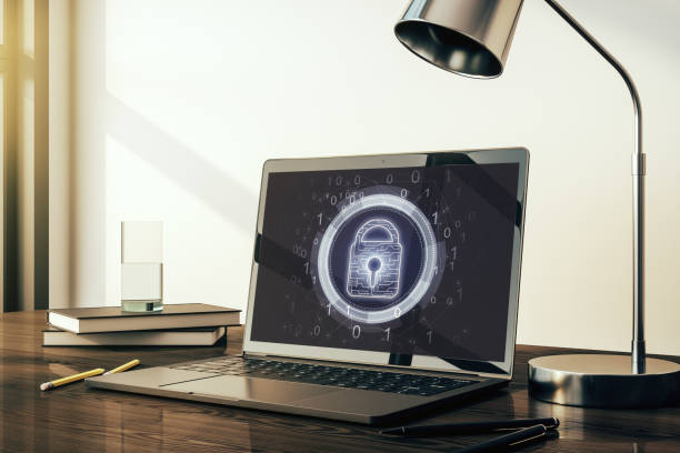 istock Creative idea concept with lock symbol and microcircuit illustration on modern laptop screen. Protection and firewall concept. 3D Rendering 1388431712